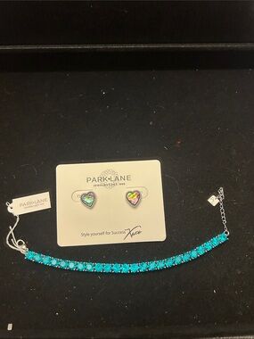 Park Lane Teal Crystal Tennis Bracelet with Iridescent Abalone Heart Earrings